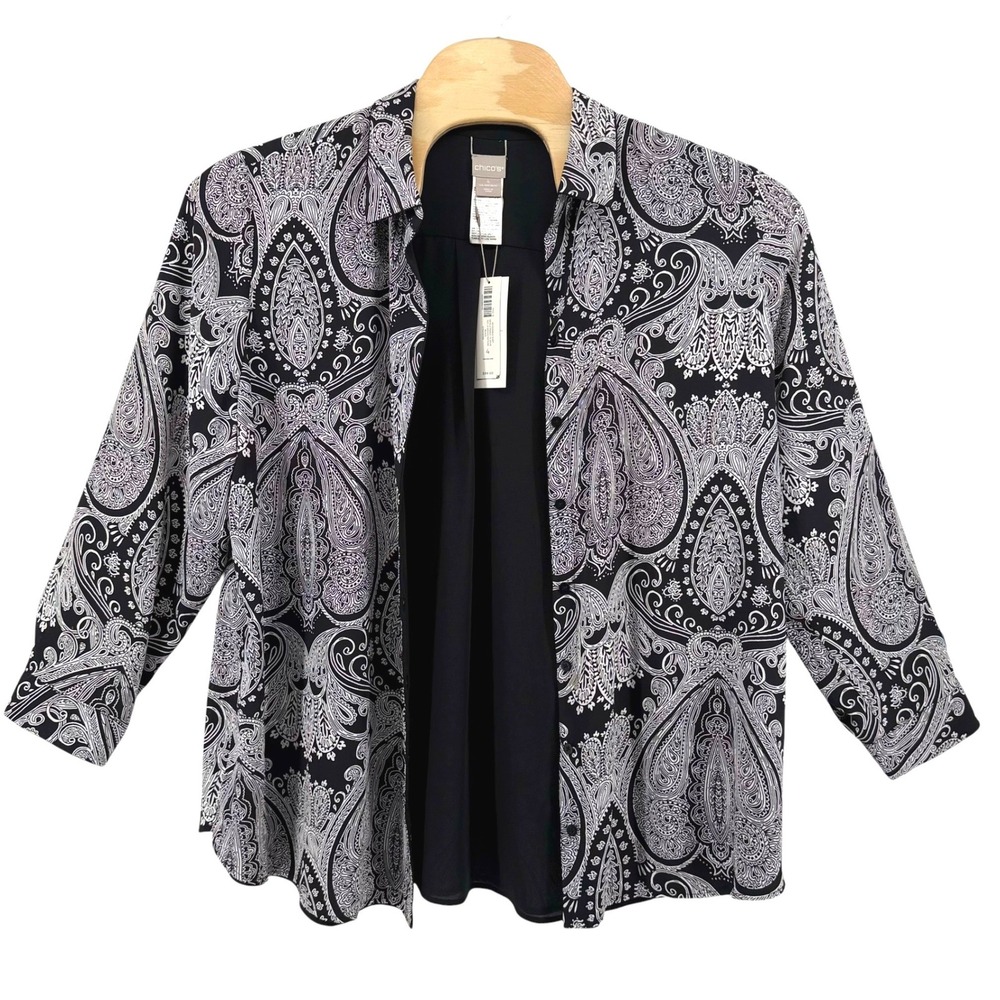 Chicos Seville Paisley Reversible Cardigan Black White Woven Top Sz 4 (XXL) NEW